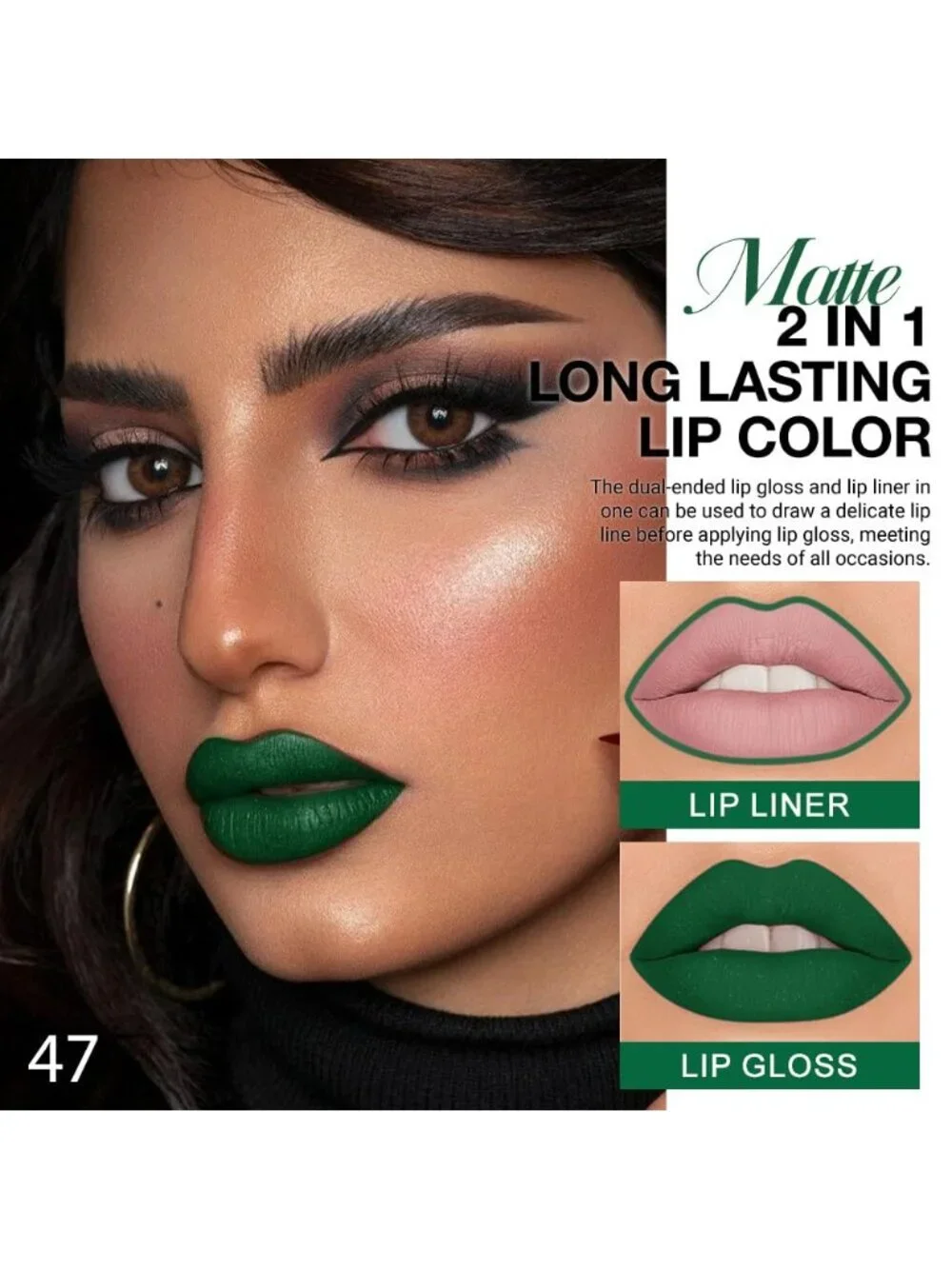 47#-Shimmery Green 2-in-1 Waterproof Long Lasting Double-Ended Liquid Lipstick